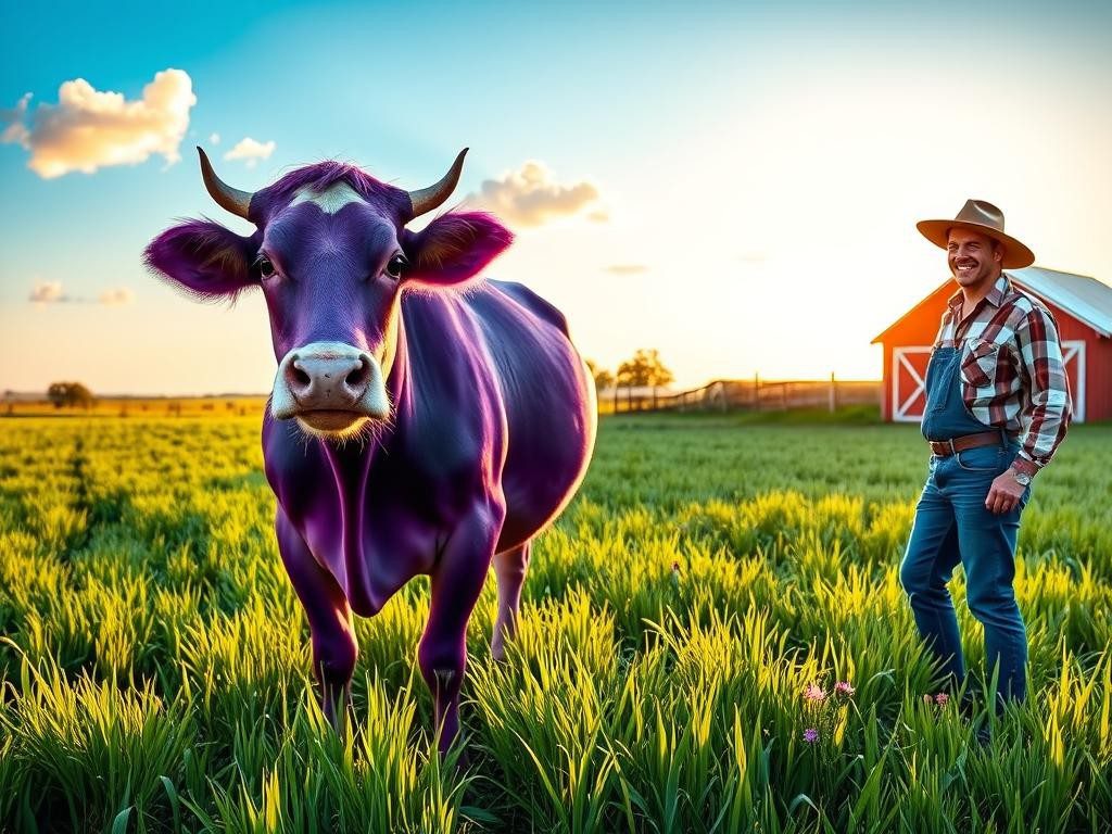 vaca purpura brillante en pradera verde al amanecer rodeada de flores y cielo azul