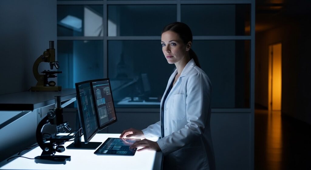 veterinaria profesional analizando datos en centro de investigacion